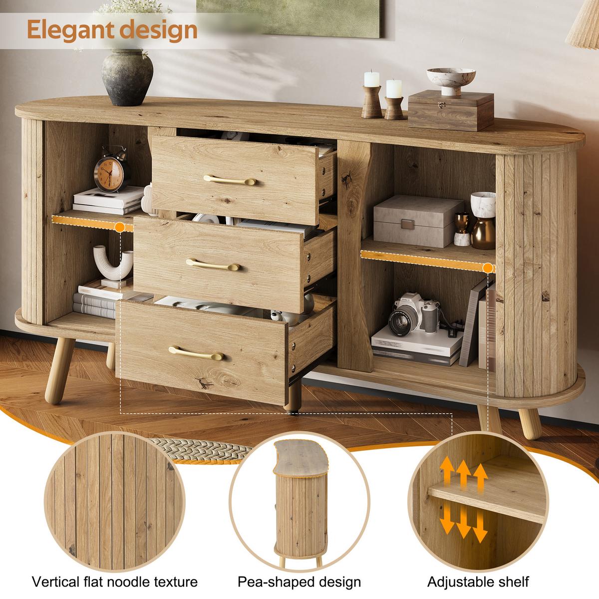 SIDEBOARD holzoptik & erbsenform 2 schiebetüren & 3 schubladen - Naturfarben, Holzwerkstoff (150/75/36.5cm) - Urban Meuble