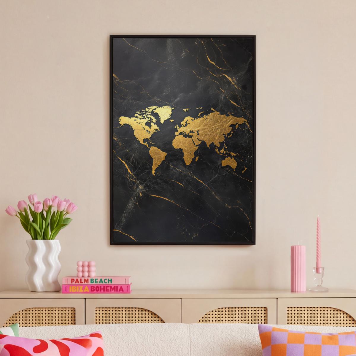 LEINWAND Bilder mit Rahmen - Weltkarte - Gold - Marmor - 60x90 - Goldfarben, Textil (60/90cm) - MuchoWow