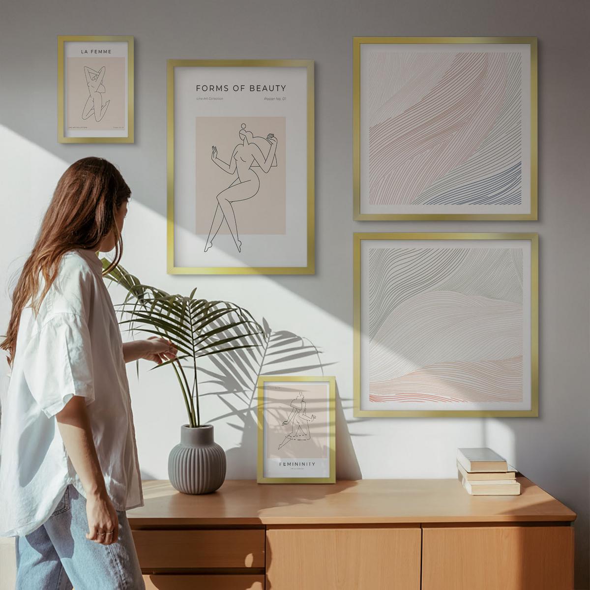 BILDER SET 5er Set - 50x50 cm & 20x30 cm & 40x60 cm Goldrahmen - Weibliche Silhouetten auf Plakaten - Goldfarben, Kunststoff (40/60cm) - TULUP