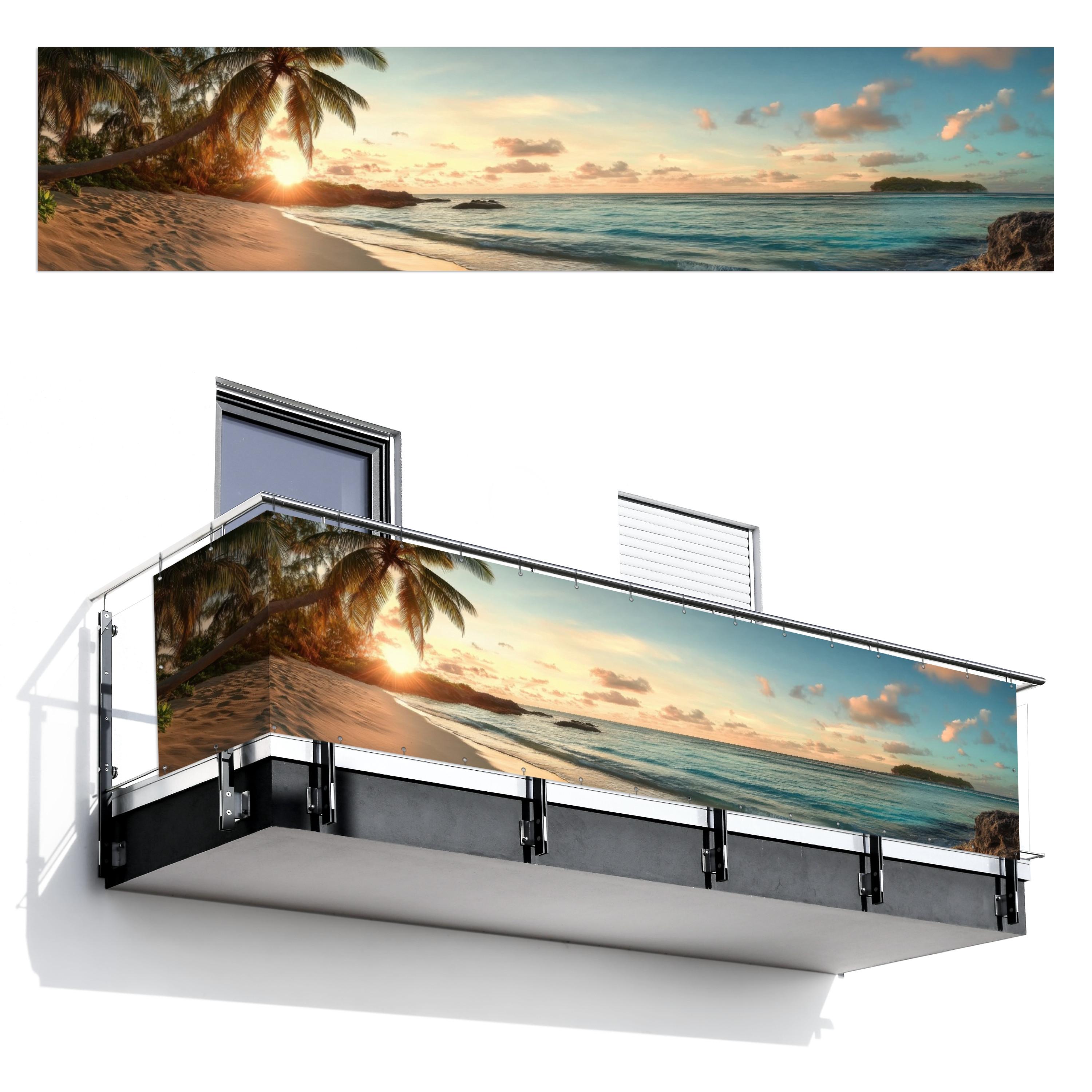 BALKON-SICHTSCHUTZ Strand - Palmen - Meer - Sonnenuntergang Deko XXL 500x110 cm - Samtahornfarben, Kunststoff (500/110cm) - MuchoWow