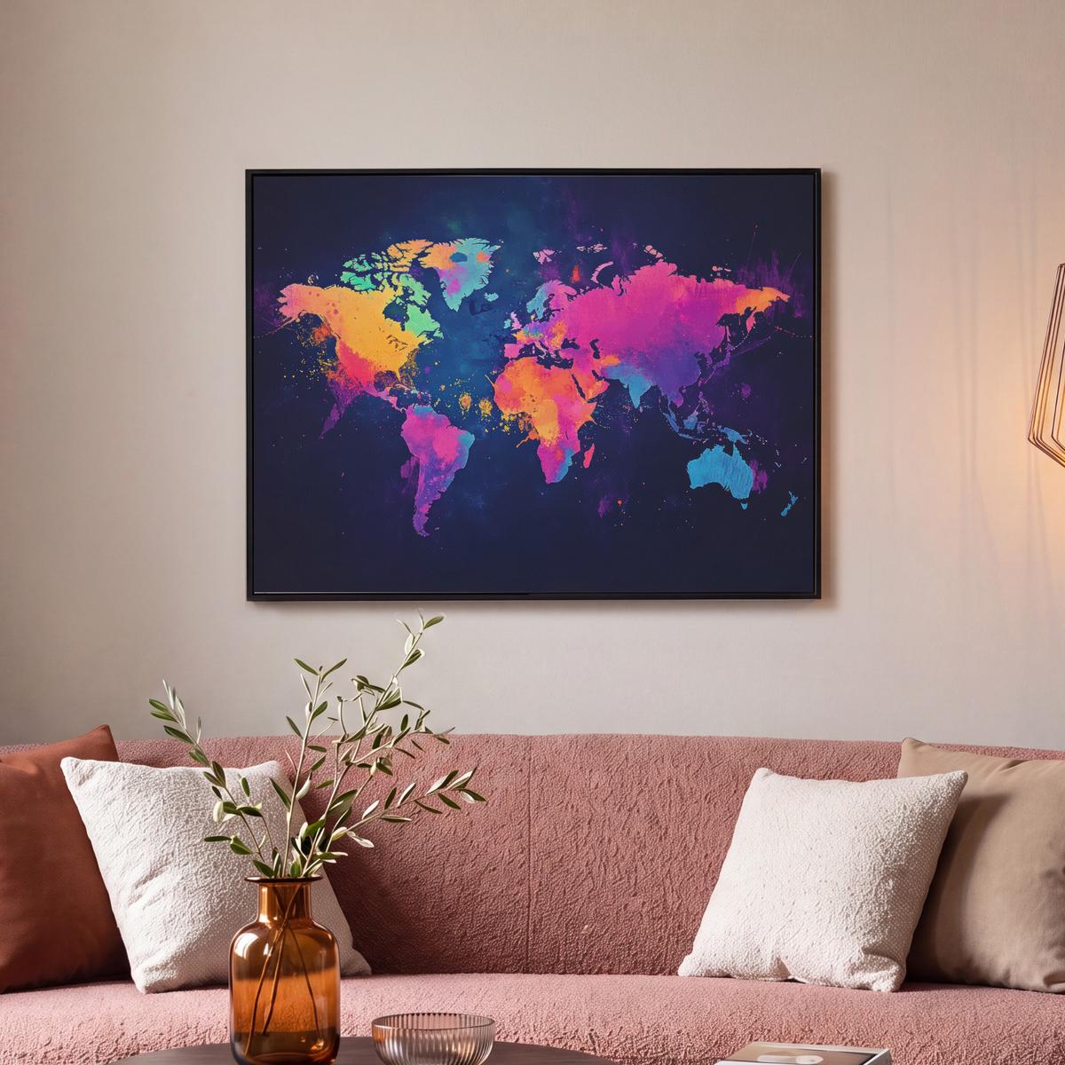 LEINWAND Bilder mit Rahmen - Weltkarte - Bunt - Graffiti - 80x60 - Multicolor, Textil (80/60cm) - MuchoWow