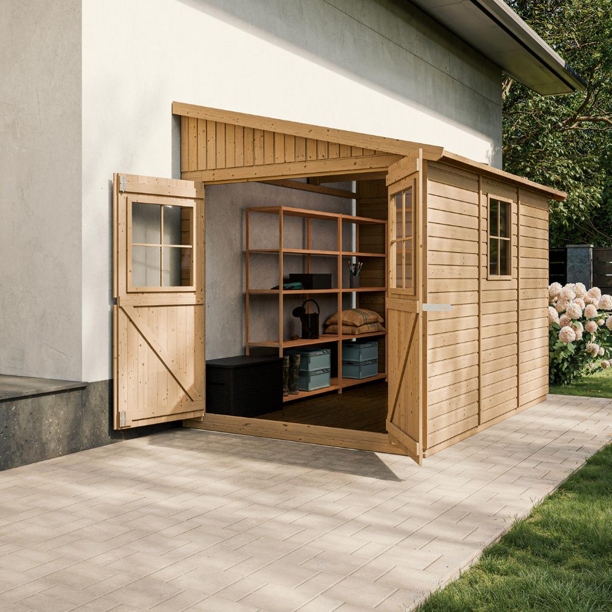 HOLZ-GARTENHAUS (ohne Seitenwand) - H244x211x318 cm/6 m2 - M339 - Beige, Holz (216/243/297cm) - Timbela
