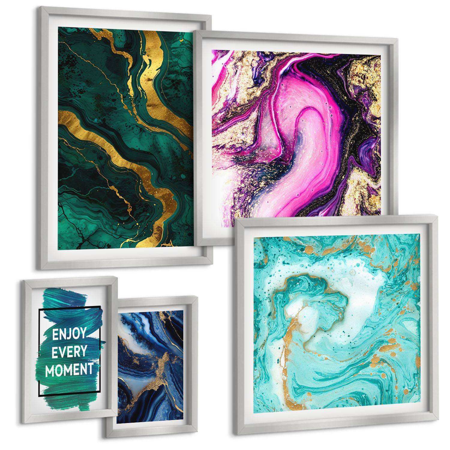 BILDER SET 5er Set - 50x50 cm & 20x30 cm & 40x60 cm Silberner Rahmen - Abstrakte Muster in Rosa, Grün und Blau - Silberfarben, Kunststoff (40/60cm) - TULUP