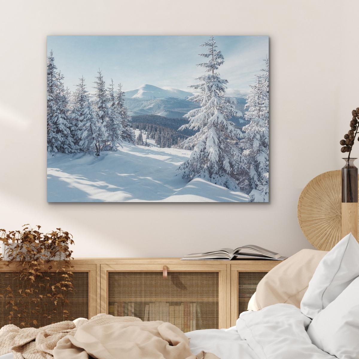 AKUSTIKBILD Winterlandschaft - Natur - Berge - Bäume - Schnee Gemälde 80x60 cm - Hellblau, Kunststoff (80/60/0.9cm) - MuchoWow