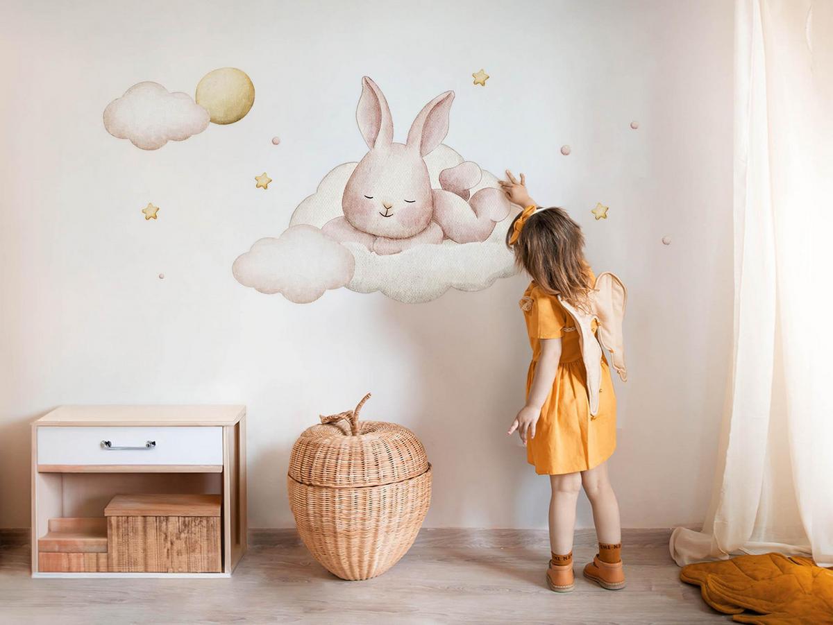 WANDAUFKLEBER 130x112cm - Ein Häschen auf den Wolken - Multicolor, Kunststoff (130/112/0.1cm) - Wallfluent
