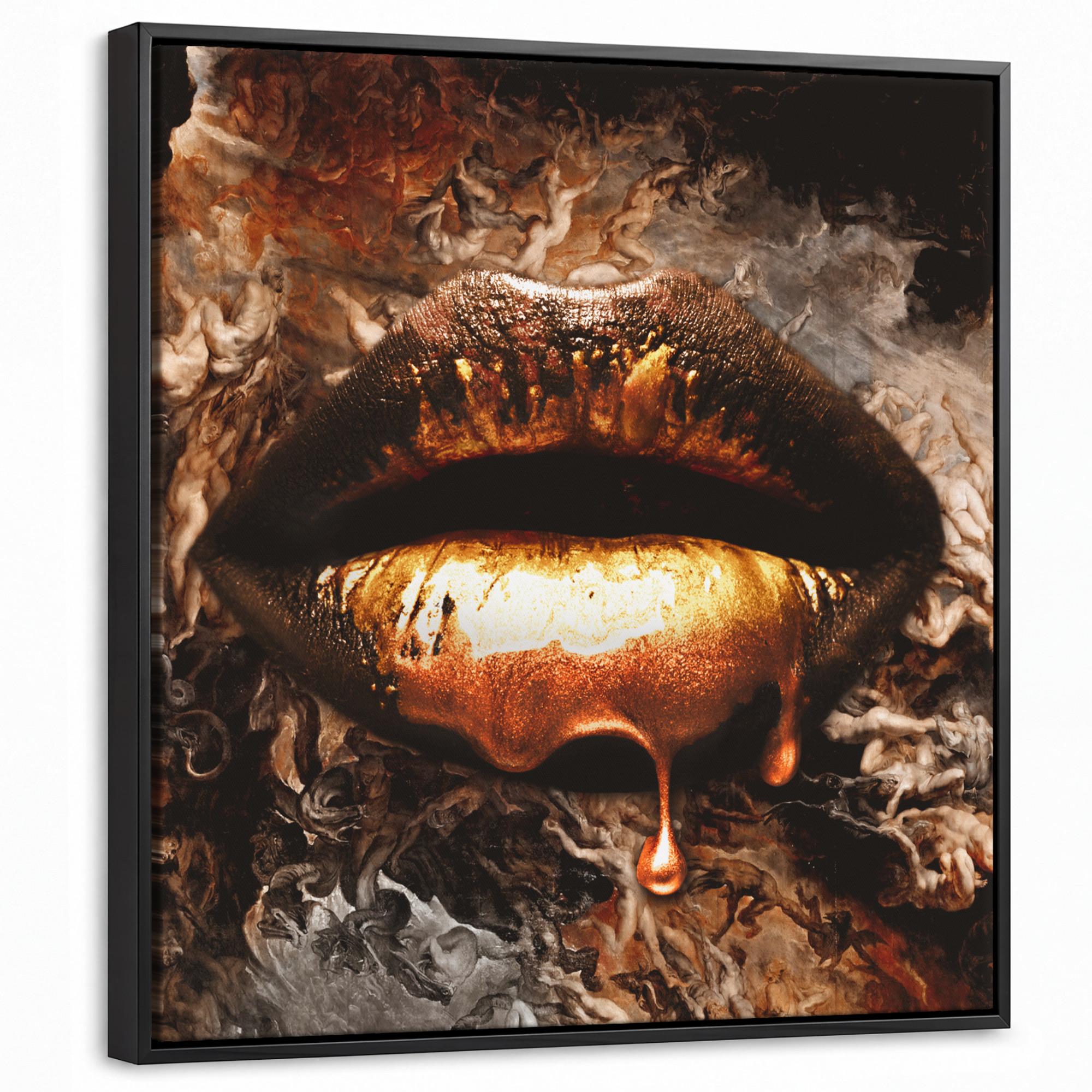 LEINWAND Bilder mit Rahmen - Gold - Lippen - Kunst - Gold - Luxus - Abstrakt - 50x50 - Kupferfarben, Textil (50/50cm) - MuchoWow
