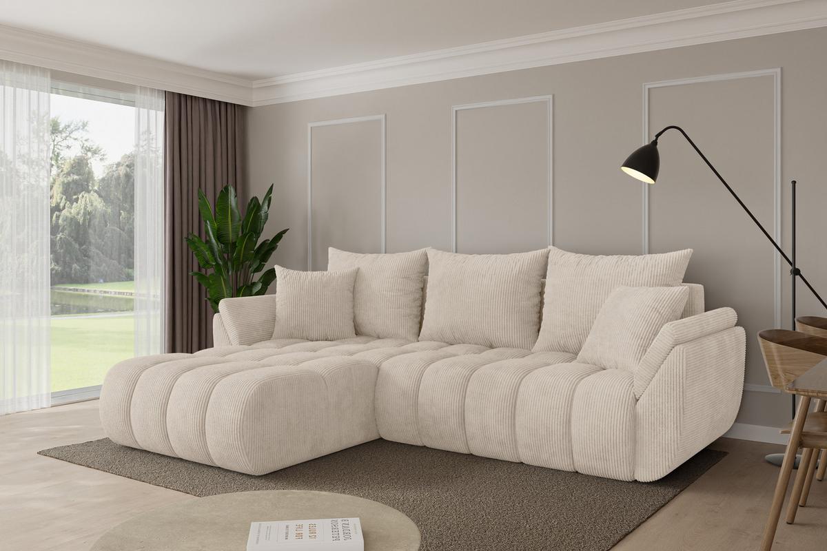 ECKSOFA mit Schlaffunktion Ottomane Links TOKO-L-v1 277x194x86 Beige Cord - Beige/Schwarz, Holzwerkstoff/Kunststoff (277/194cm) - ALTDECOR