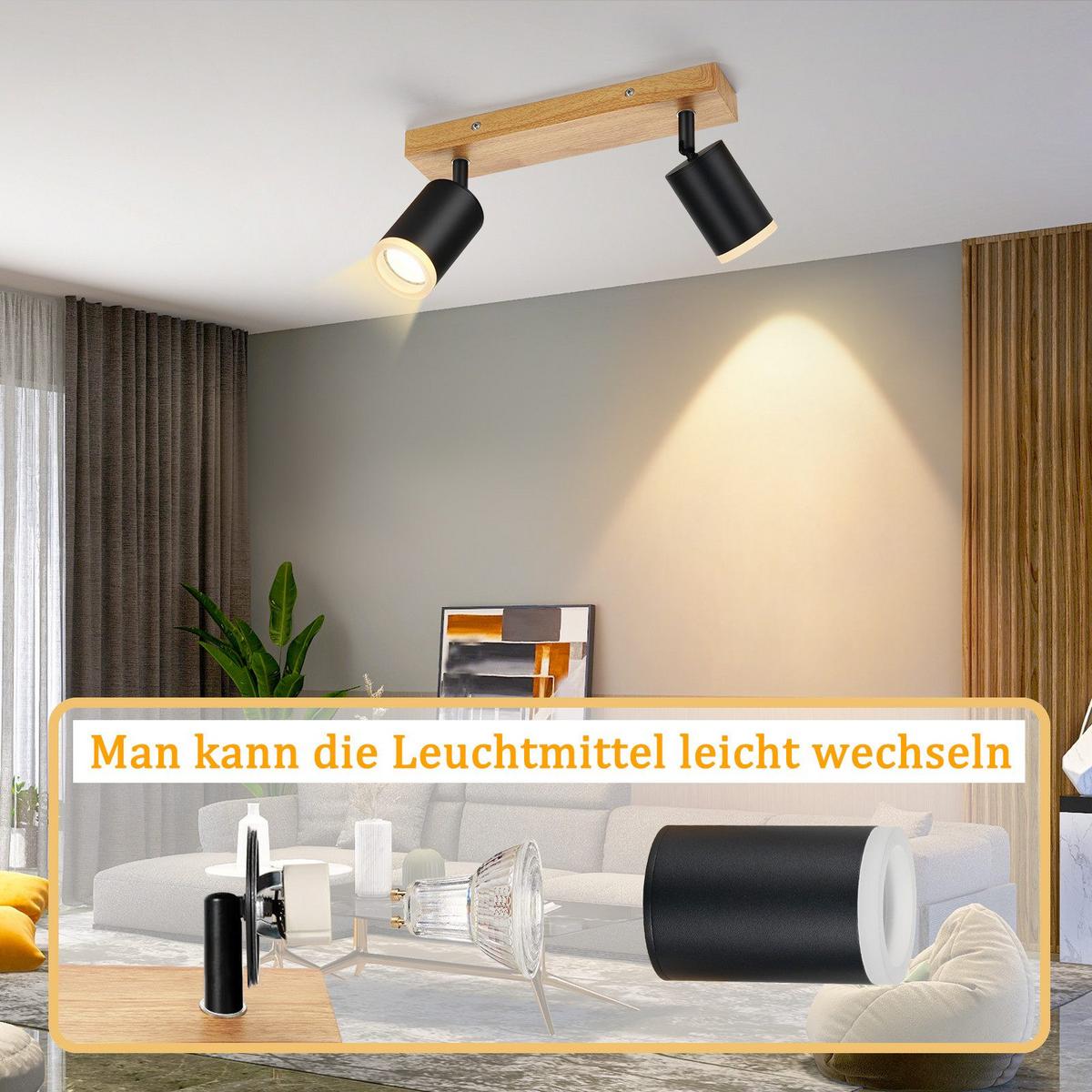 DECKENSTRAHLER Darmstadt 2-flammig 28/6/15 cm - Schwarz, Holz (28/6/15cm) - Nettlife