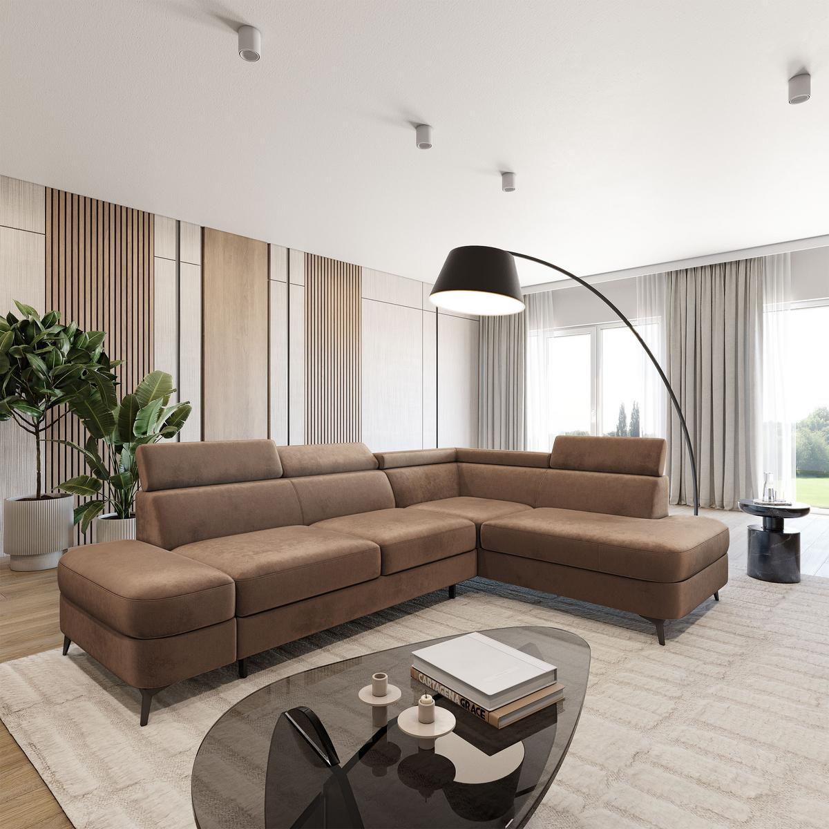 ECKSOFA AVISE M R-S Beige Velours-Stoff mit Schlaffunktion - Beige, Holzwerkstoff/Textil (268/195cm) - MASSENO