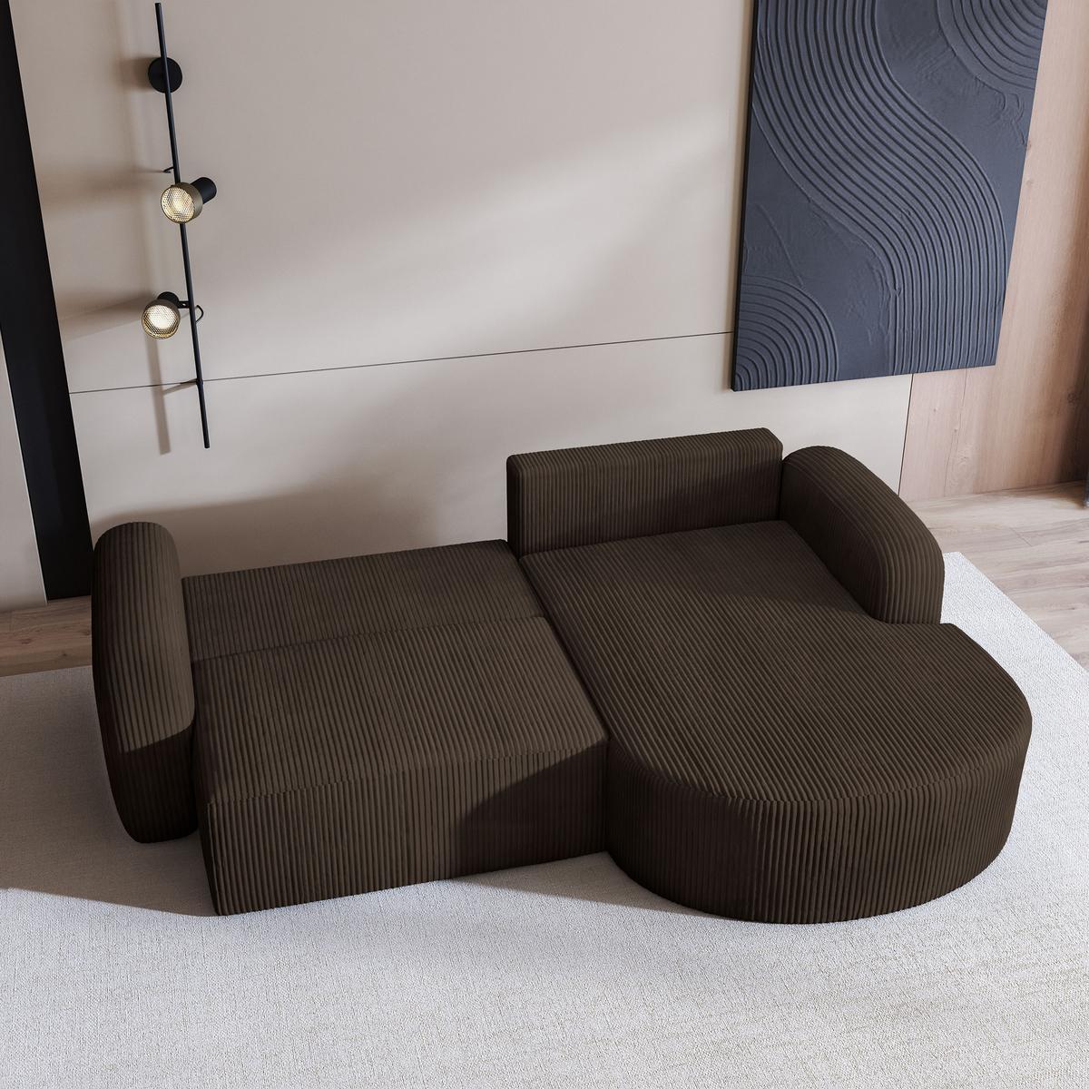 ECKSOFA AMILIA P R-S Braun Kordstoff mit Schlaffunktion - Braun, Holz (263/174cm) - MASSENO