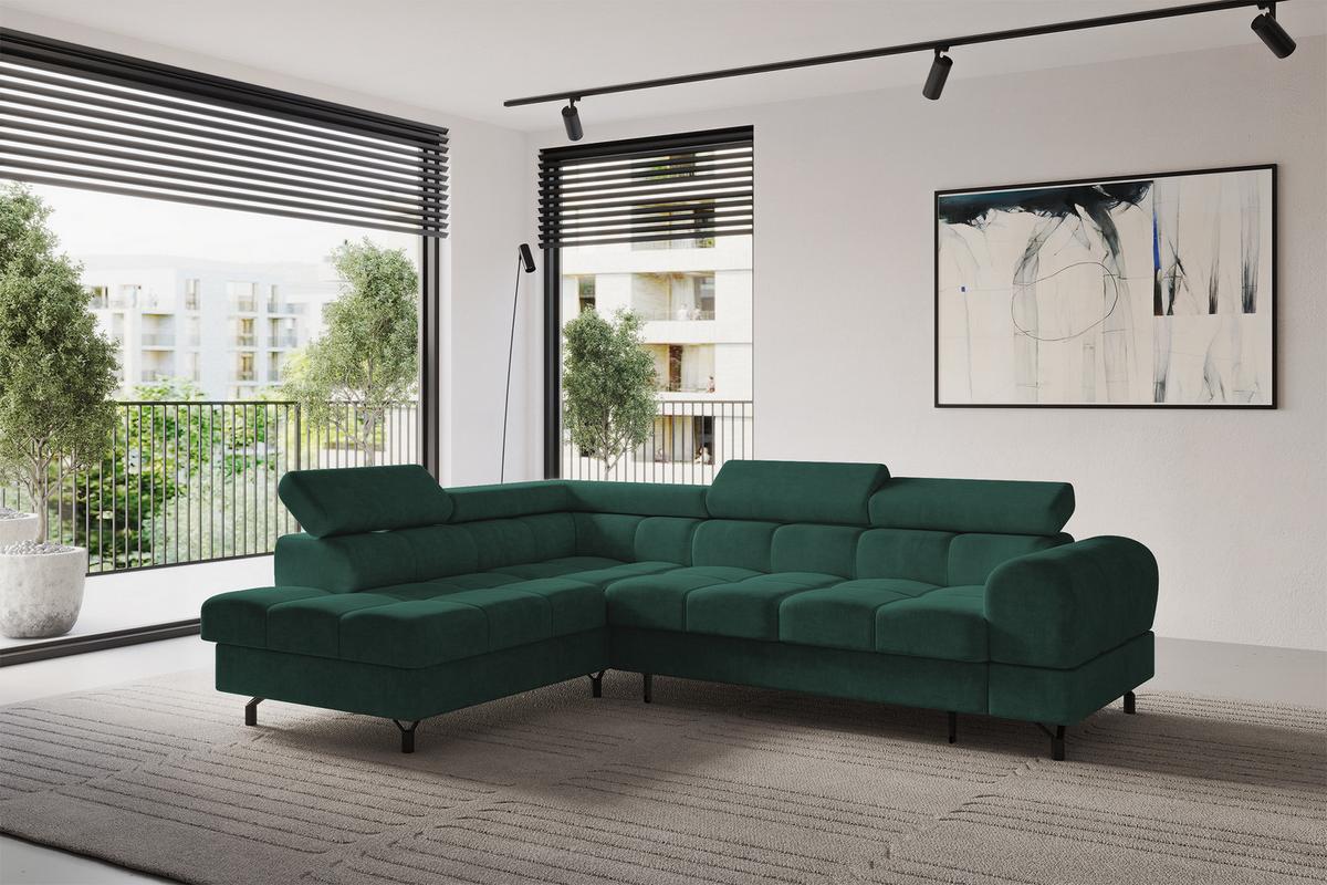 ECKSOFA mit Schlaffunktion Ottomane Links LUMA-L 272x203x70 Grün Velours - Schwarz/Grün, Holzwerkstoff/Kunststoff (272/203cm) - ALTDECOR