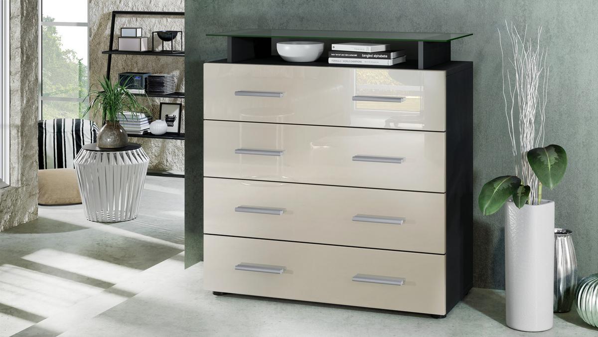 KOMMODE Pavos Creme Hochglanz - Creme, Holzwerkstoff (76/81/35cm) - Vladon