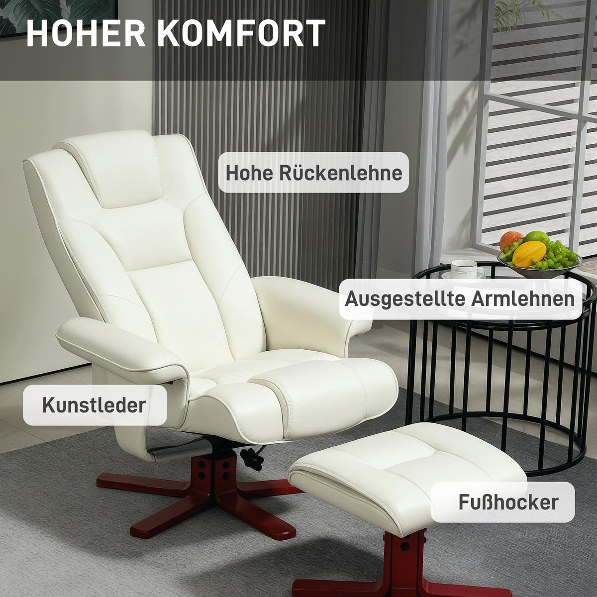 RELAXSESSEL mit Hocker, Fernsehsessel mit Liegefunktion, Wippfunktion, Cremeweiß - Creme/Dunkelrot, Leder/Holz (84/104/84cm) - HOMCOM