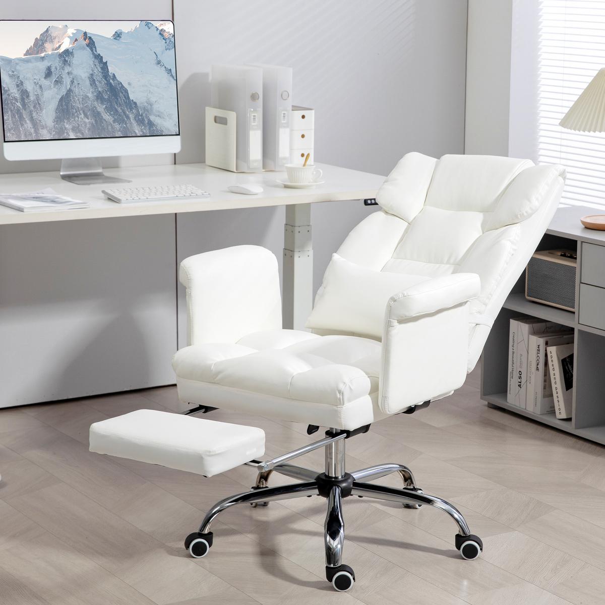 BÜROSTUHL, Ergonomisch Schreibtischstuhl mit Liegefunktion, Lendenkissen, Weiß - Chromfarben/Weiß, Kunststoff/Metall (65/115/69cm) - HOMCOM