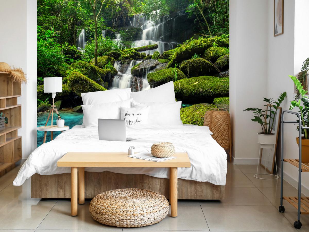 FOTOTAPETE für Küche Wasserfall Dschungel Bäume Steine Tropisch 250x175 - Türkis/Blau, Papier (250/175cm) - Muralo
