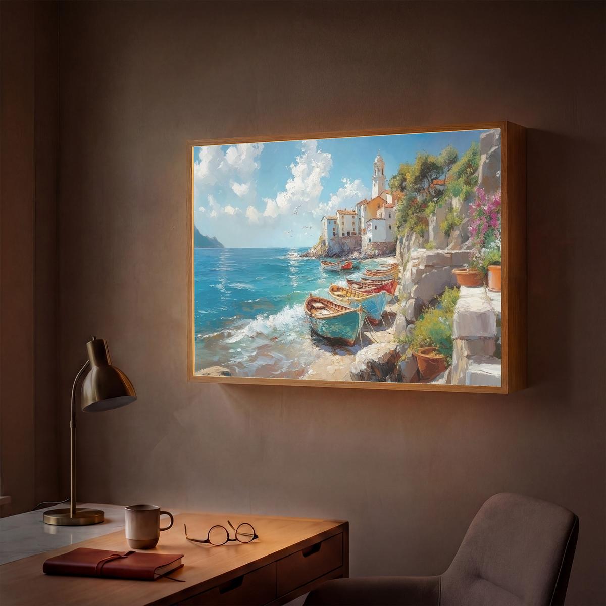 WANDLEUCHTE MIT AKKU Boote - Felsen - Meer - Sonne 100x70 cm - Blau, Holzwerkstoff (100/70/8cm) - OnlyWow