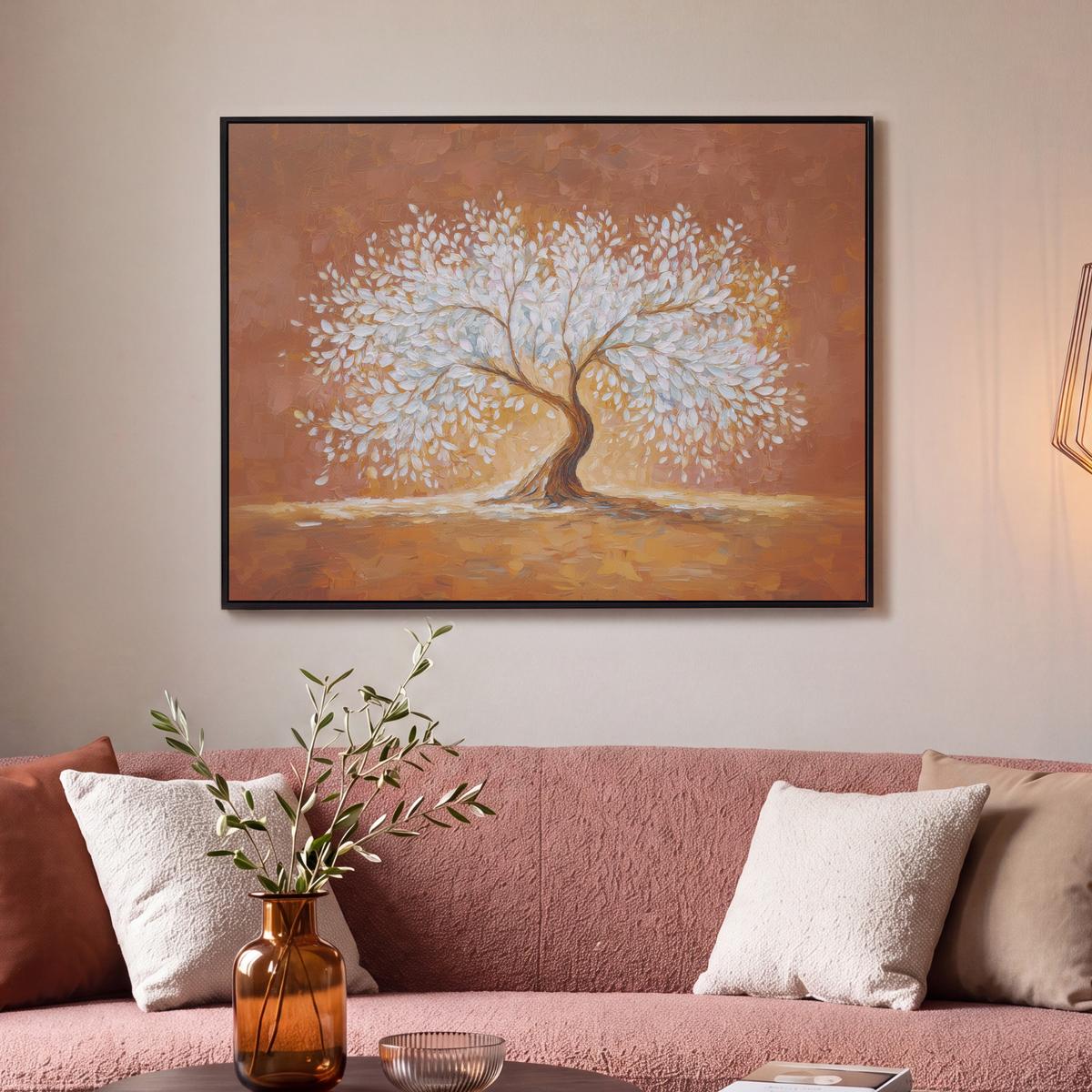 LEINWAND Bilder mit Rahmen - Abstrakt - Baum - Weiß - Blätter - 100x70 - Braun, Textil (100/70cm) - MuchoWow
