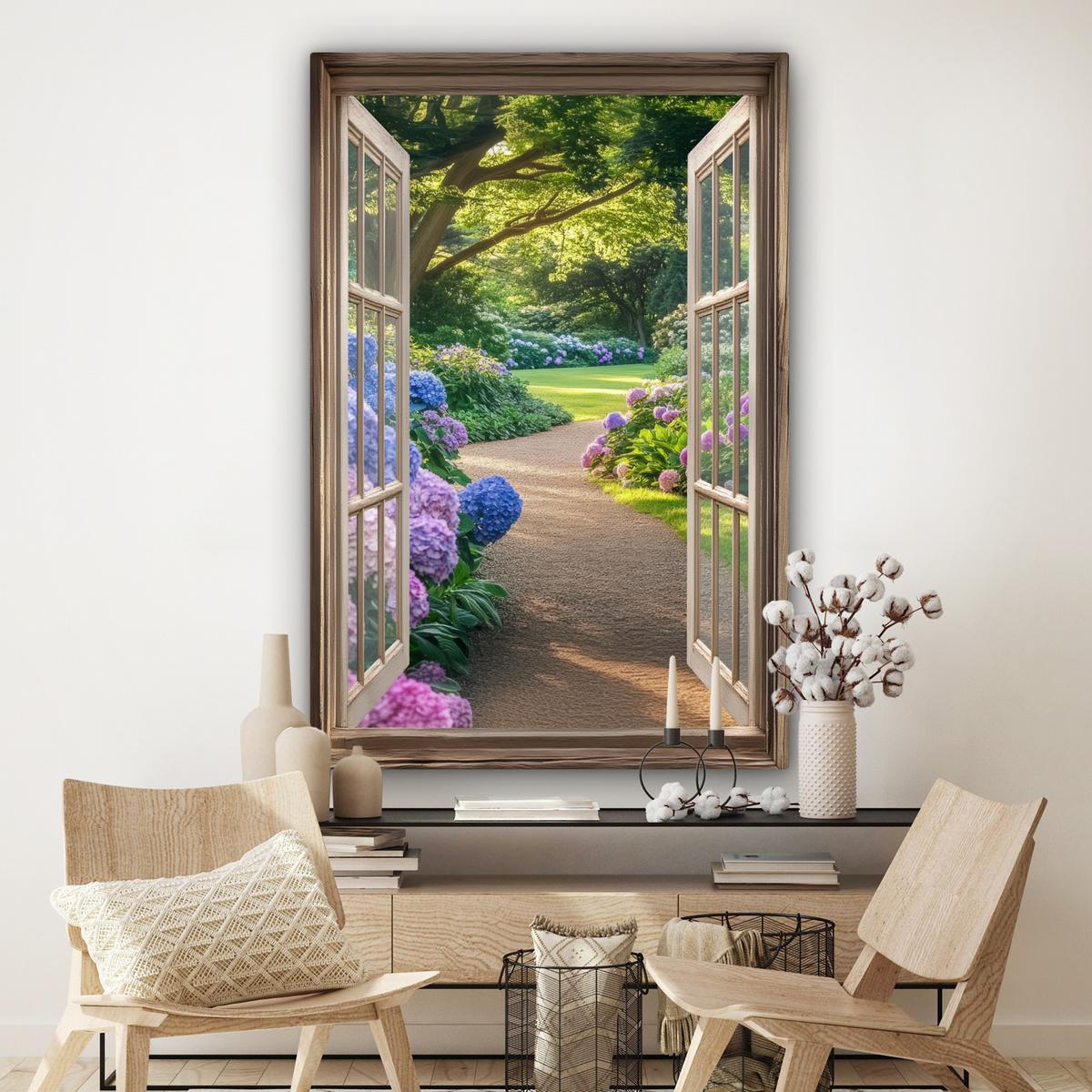 LEINWANDBILD Aussicht - Garten - Fenster - Hortensie - Blumen Deko Groß 90x140 cm - Pastellblau, Textil (90/140cm) - MuchoWow