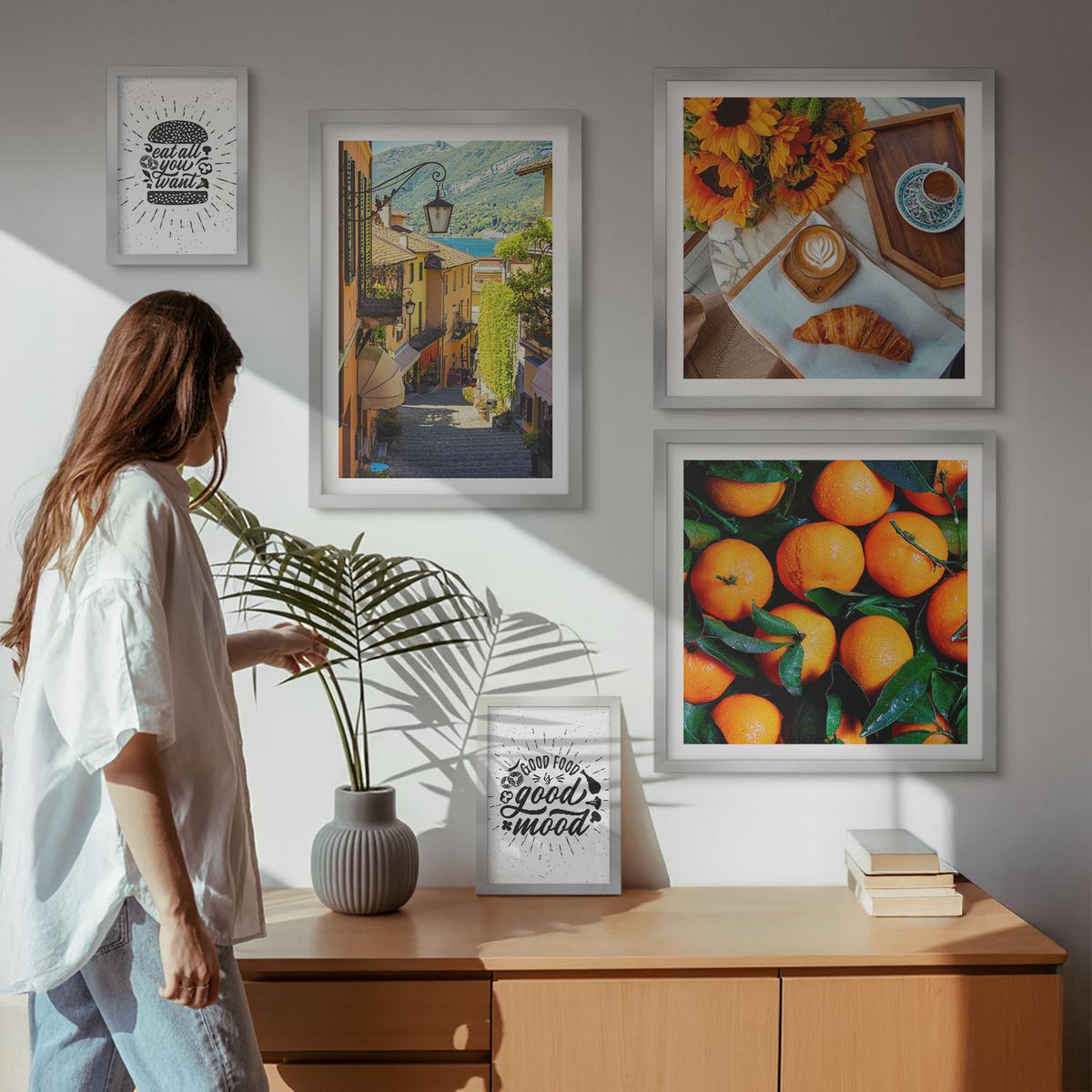 BILDER SET 5er Set - 50x50 cm & 20x30 cm & 40x60 cm Silberner Rahmen - Juicy Oranges Kitchen - Silberfarben, Kunststoff (40/60cm) - TULUP