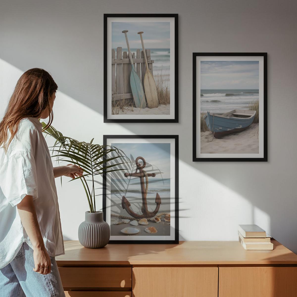 BILDER SET 3er Set - 40x60 cm Schwarzer Rahmen - Strandbootanker Sand - Schwarz, Kunststoff (40/60cm) - TULUP