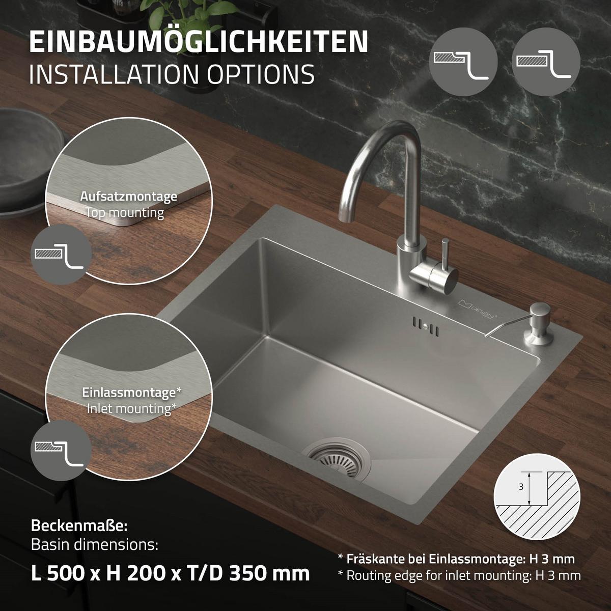 SPÜLBECKEN aus Edelstahl 55x45 cm mit Siphon und Seifenspender - Silberfarben, Metall (45/19/55cm) - ML-DESIGN