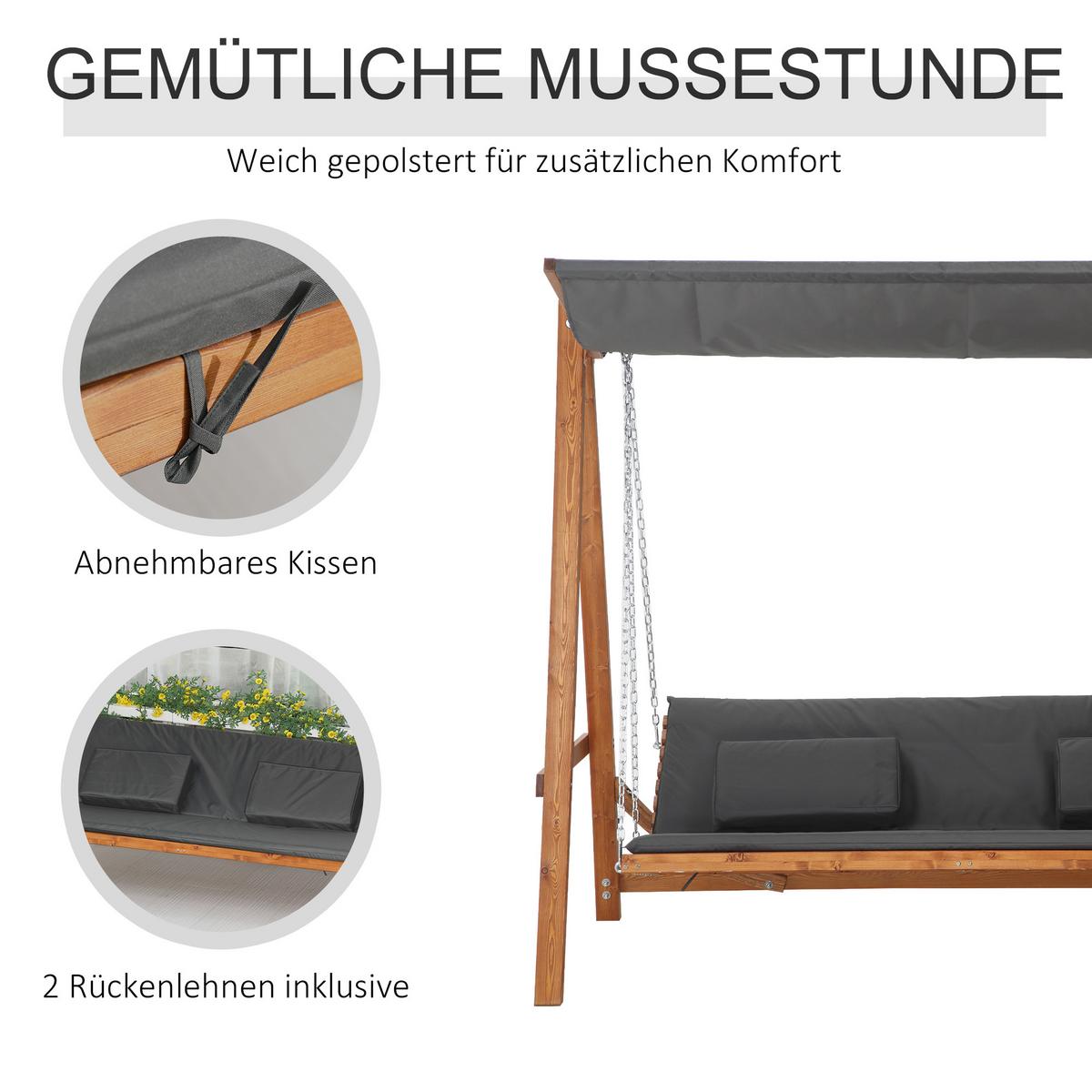 HOLLYWOODSCHAUKEL, mit Dach, Polyester, Grau, 225,5 x 130 x 180 cm - Grau, Holz (130/180/225.5cm) - Outsunny