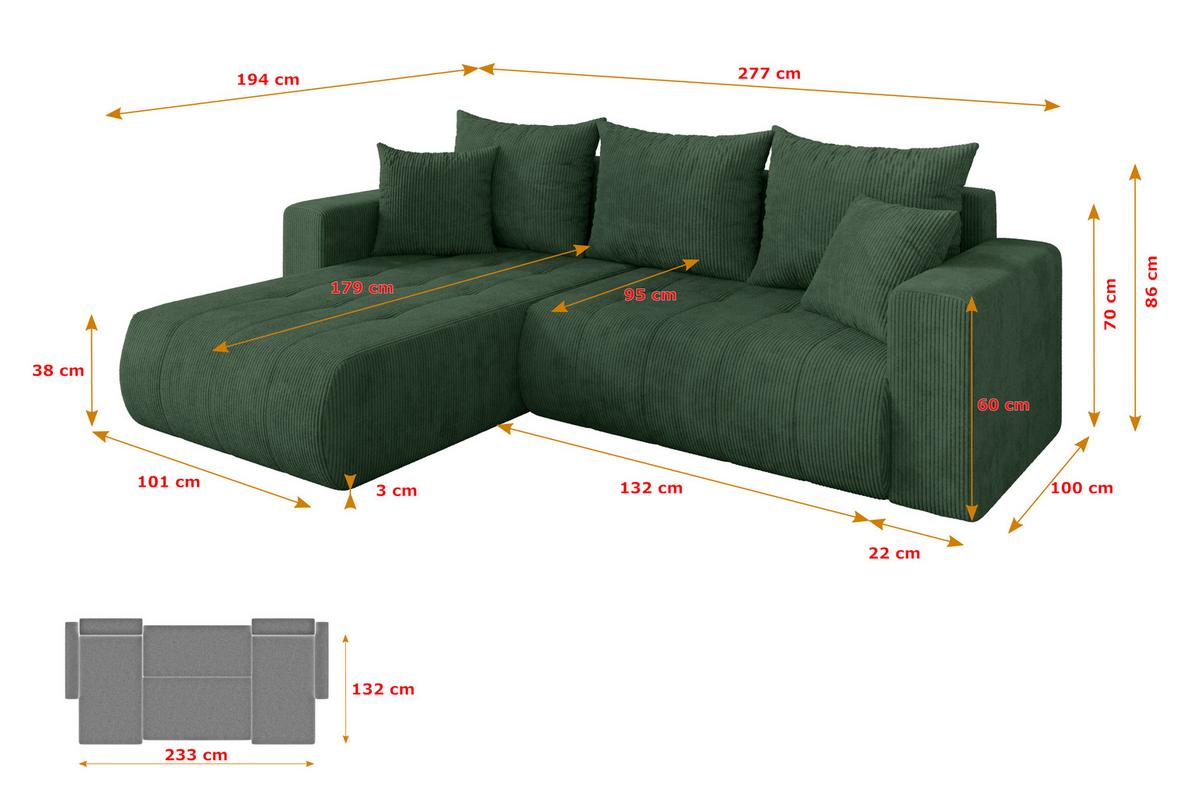 ECKSOFA mit Schlaffunktion Ottomane Links MILA-L 277x194x86 Grün Cord - Dunkelgrün/Schwarz, Holzwerkstoff/Kunststoff (277/194cm) - ALTDECOR