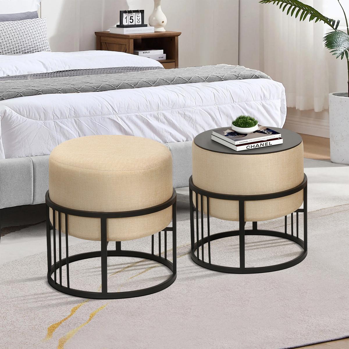 HOCKER-SET 2-TLG. Tas - Beige/Schwarz, Holzwerkstoff/Textil (38/38/38cm) - [en.casa]