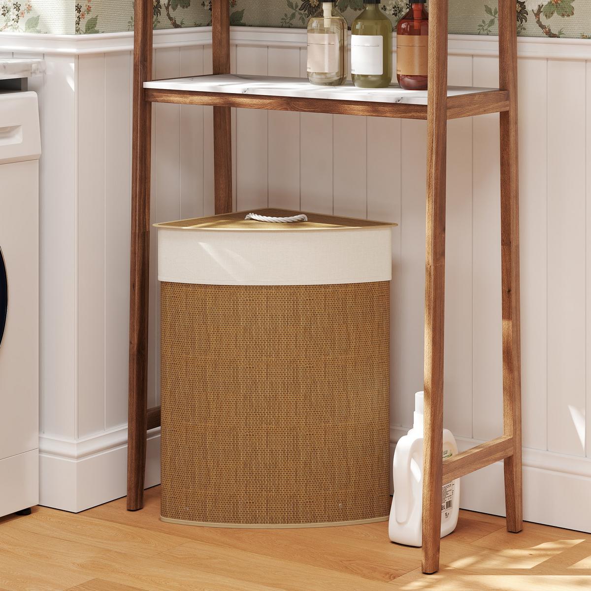 BAMBUS Wäschekorb mit Deckel 55 L Eck Wäschesammler mit herausnehmbar Wäschesack - Braun, Naturmaterialien (35/60/35cm) - HOMCOM