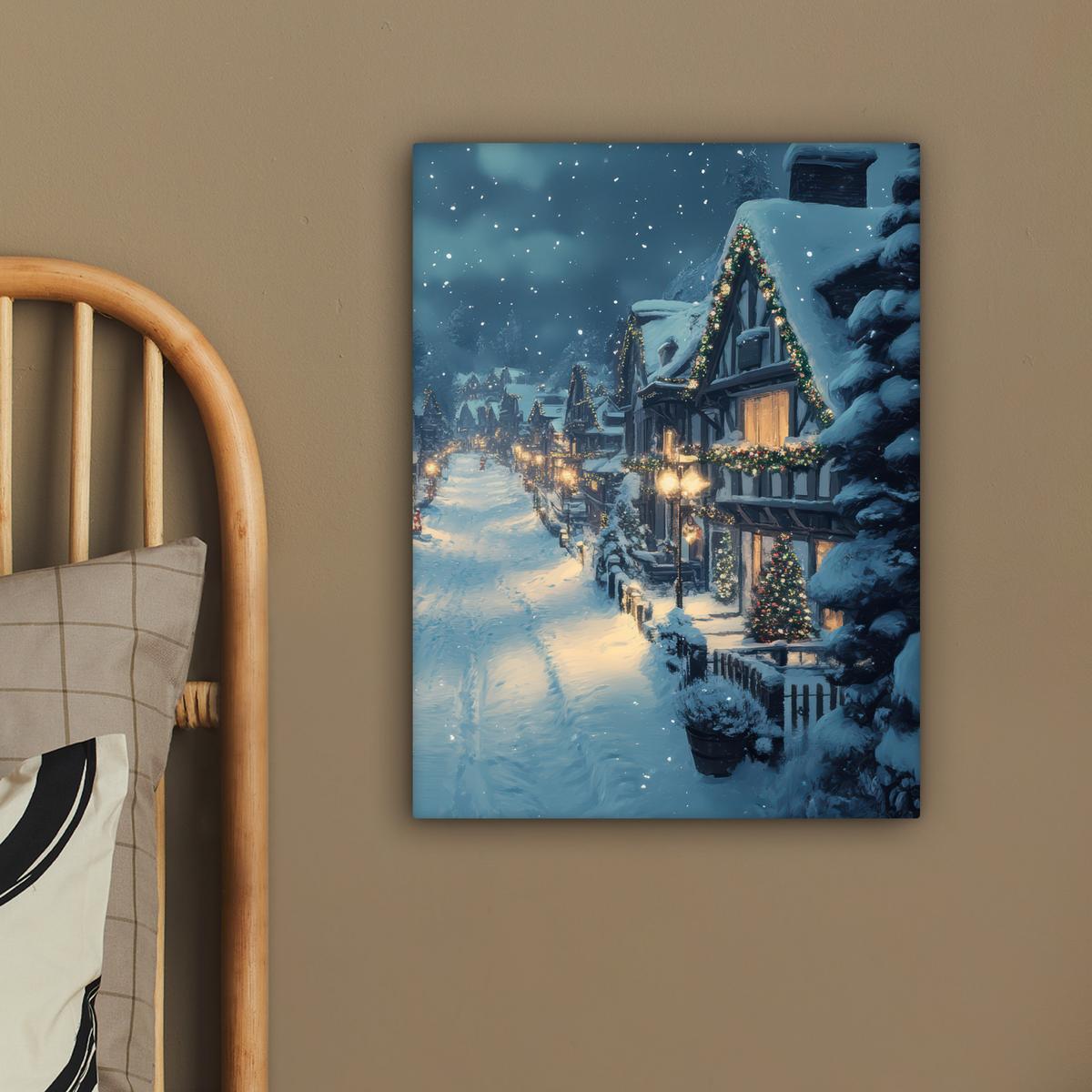 LEINWANDBILD Weihnachtsdorf - Weihnachten - Schnee - Winter Room Decor 30x40 cm - Dunkelblau, Textil (30/40cm) - MuchoWow