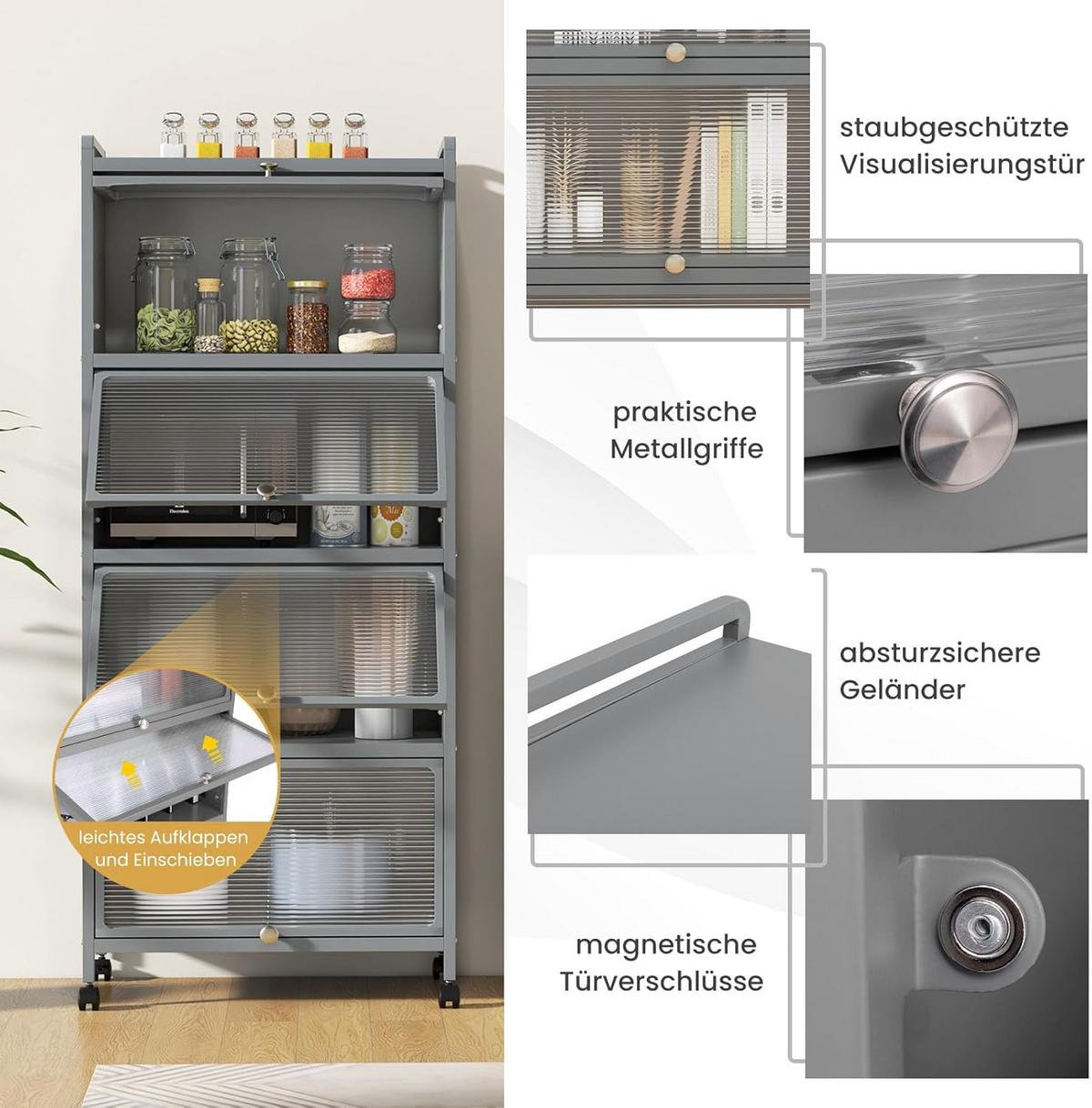 KUCHENSCHRANK Grau - Grau, Metall (60/154/32cm) - COSTWAY