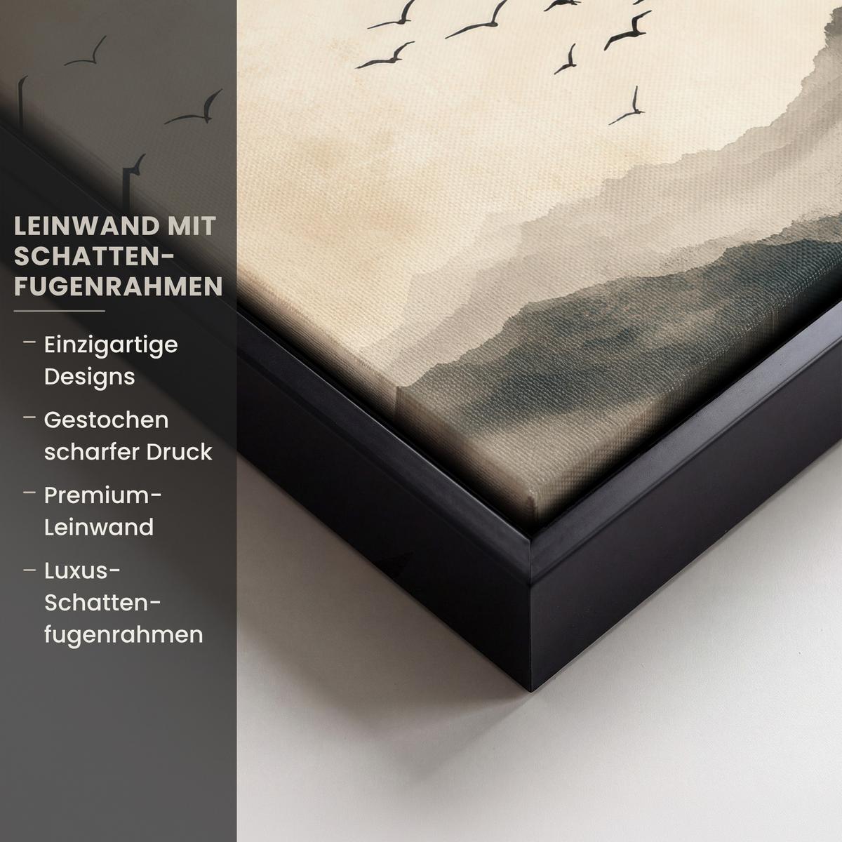 LEINWAND Bilder mit Rahmen - Landschaft - Japandi - Vogel - 20x20 - Beige, Textil (20/20cm) - MuchoWow