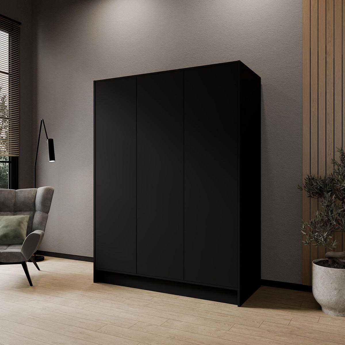 DREHTÜRENSCHRANK VELAR 150/200/51 cm Modern Kleiderschrank 3-türig Schwarz - Schwarz, Holzwerkstoff (150/200/51cm) - MASSENO