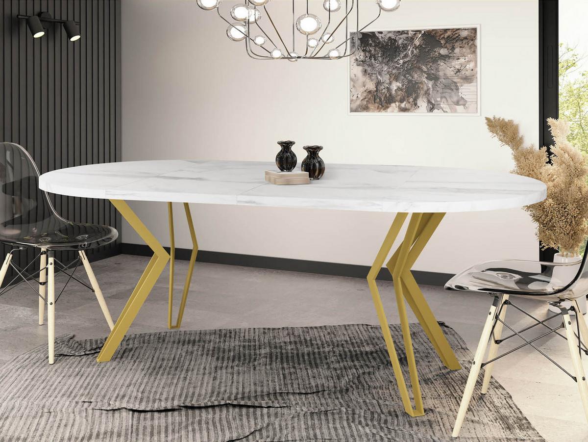 ESSTISCH Daisy runder ausziehbarer, Marmor Weiß 120-200/100/76 cm - Ecru/Goldfarben, Holzwerkstoff/Metall (120/200/76cm) - WFL GROUP