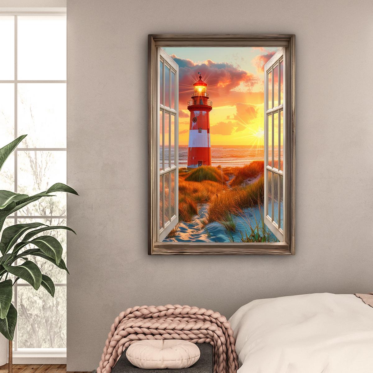 LEINWANDBILD Aussicht - Fenster - Leuchtturm - Sonnenuntergang - Strand Deko XXL 80x120 cm - Dunkelorange, Textil (80/120cm) - MuchoWow