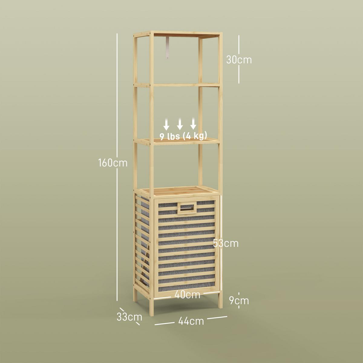 BADREGAL mit Wäschekorb, Badezimmerregal mit 3 Ebenen Kippschutz Bambus - Naturfarben, Holzwerkstoff (33/160/44cm) - HOMCOM
