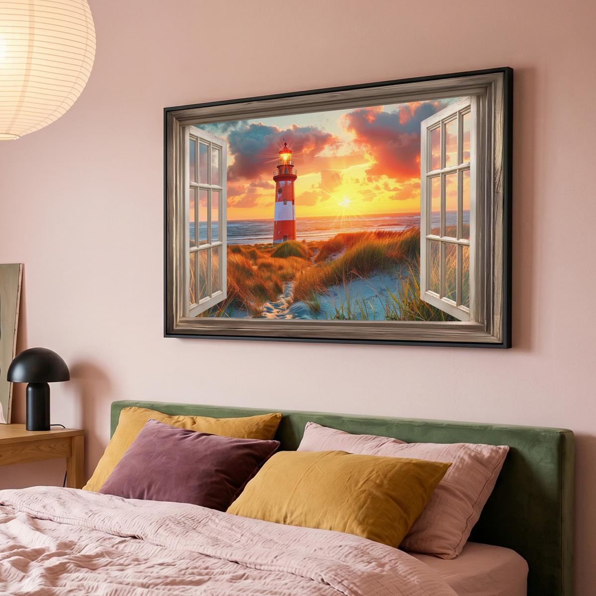 LEINWAND Bilder mit Rahmen - Aussicht - Fenster - Leuchtturm - Sonnenuntergang - Strand - 150x100 - Dunkelorange, Textil (150/100cm) - MuchoWow
