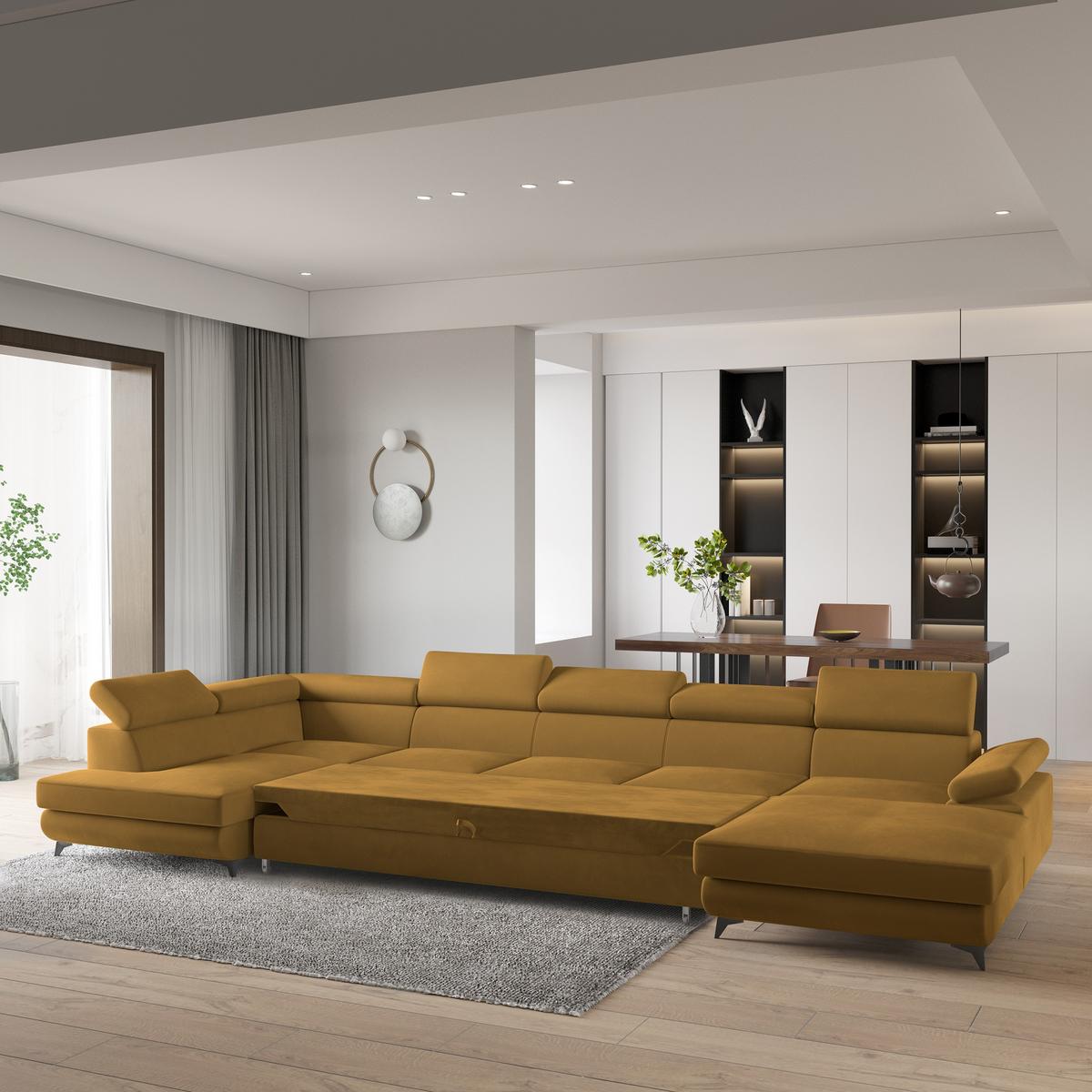 WOHNLANDSCHAFT MONTIVA Gelb Velours-Stoff mit Schlaffunktion - Gelb, Holz (410/89/190cm) - MASSENO