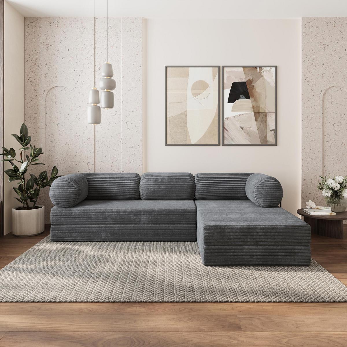 ECKSOFA ETERA modulares Boneless Sofa mit Schlaffunktion Grau Kordstoff - Dunkelgrau, Textil (270/160cm) - MASSENO