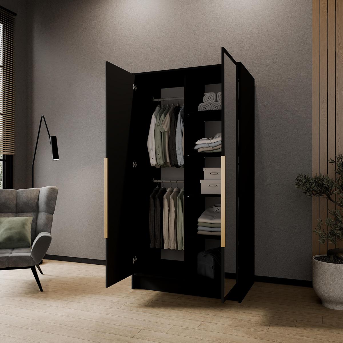 DREHTÜRENSCHRANK Laro mit Spiegel, Schwarz mit goldenen Griffen, 100 cm - Schwarz, Holzwerkstoff (100/200/51cm) - Beautysofa