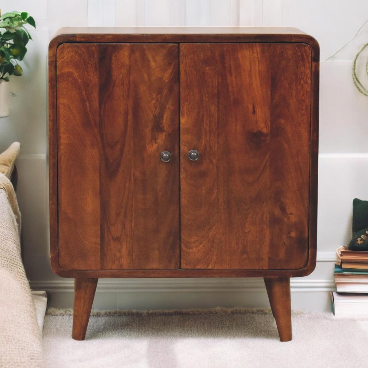 SCHRANK Mini Klassisch Kastanie, 2 Türen und 2 Regale, Dunkelbraun - Dunkelbraun/Messingfarben, Mangoholz/Holz (55/65/30cm) - Artisan Furniture