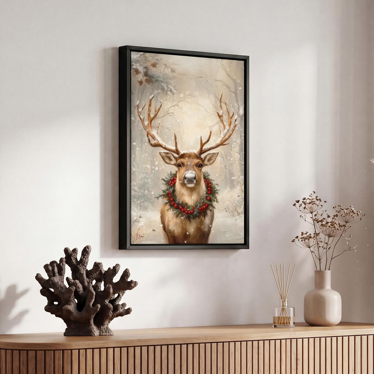 LEINWAND Bilder mit Rahmen - Weihnachten - Rentier - Winter - Kranz - 20x30 - Naturfarben, Textil (20/30cm) - MuchoWow