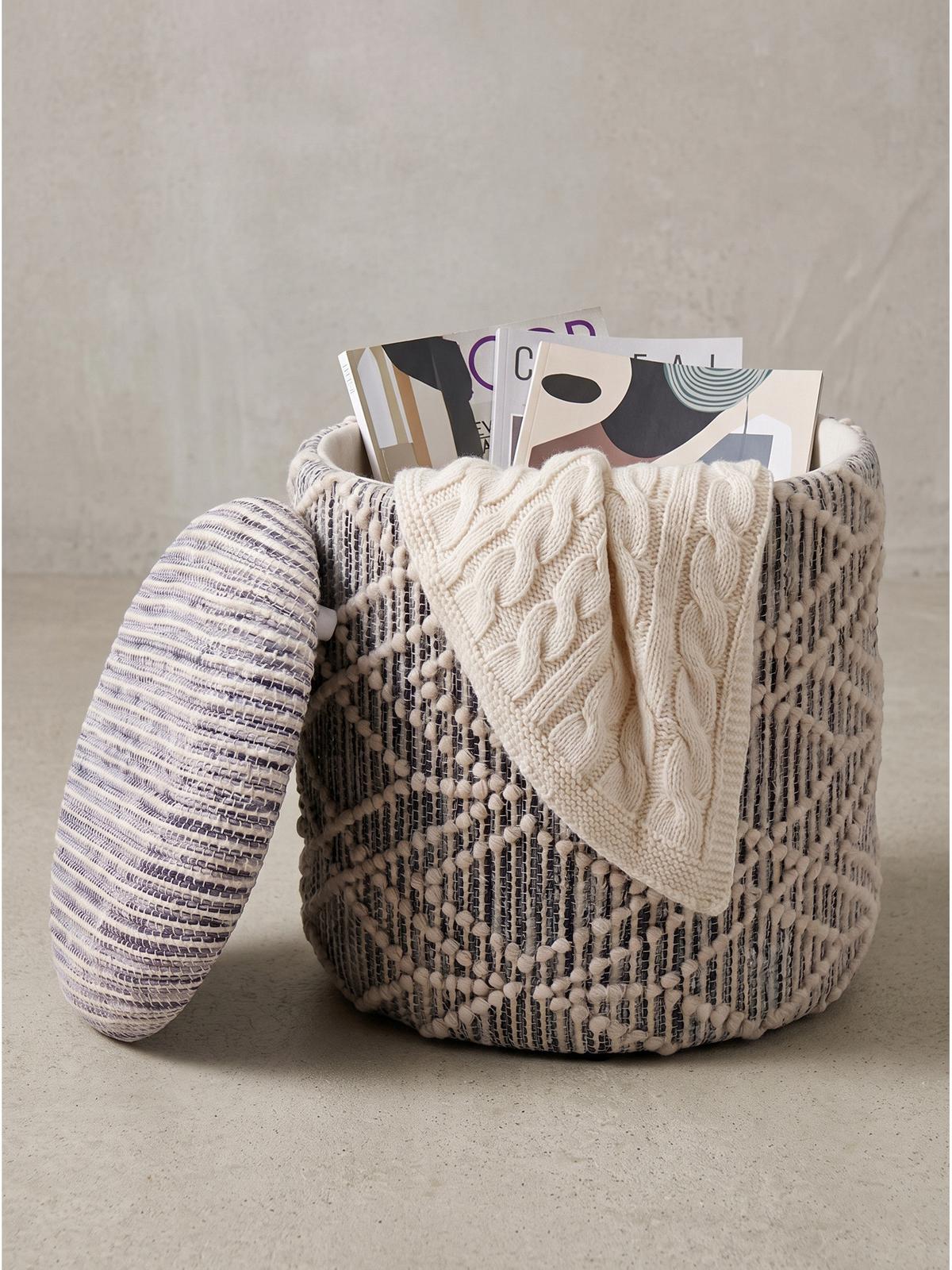 SITZHOCKER RHONE, Stoff, mit Textilbezug, Grau-Beige, Ø 40 x 45 cm - Grau, Textil (40/45/40cm) - KADIMA DESIGN