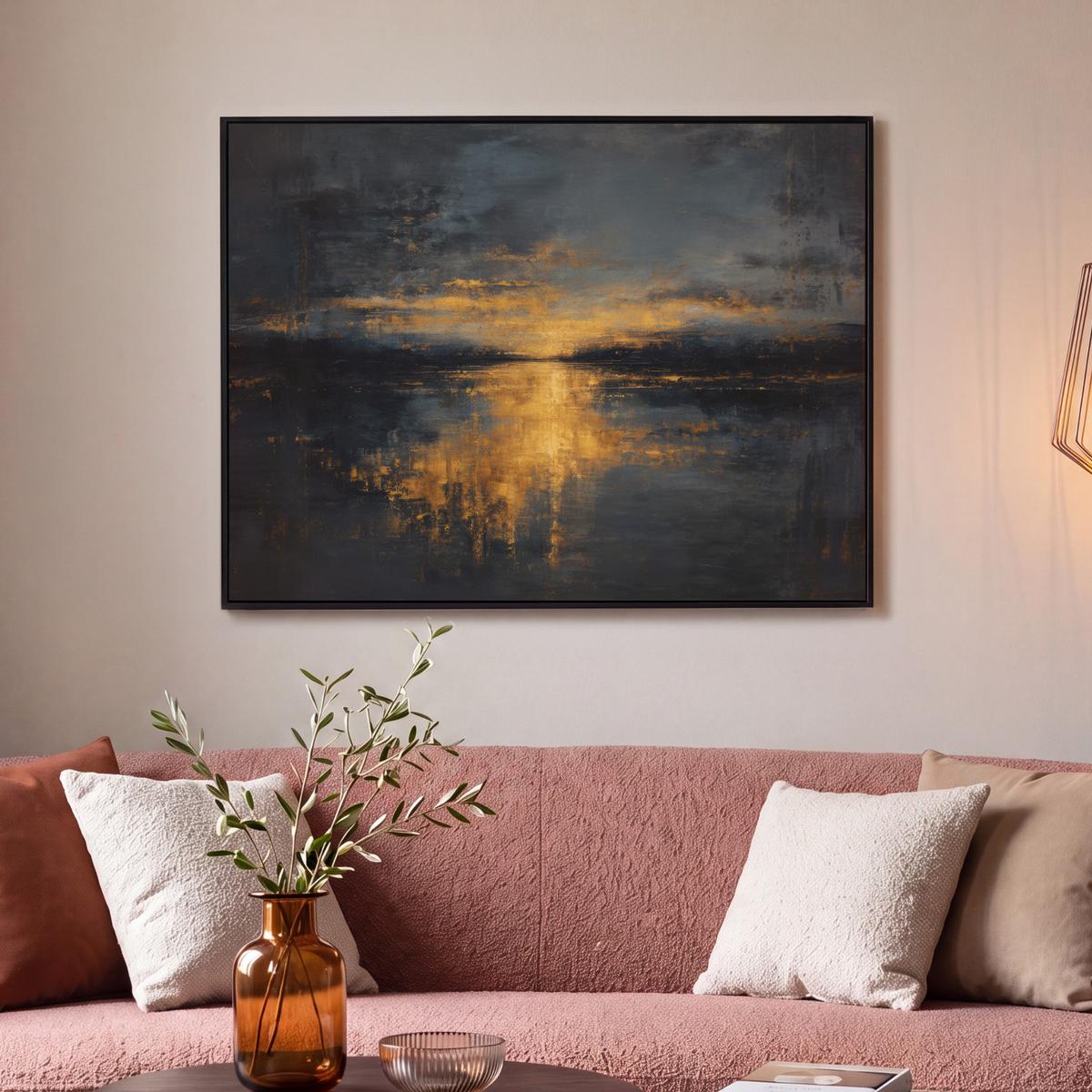 LEINWAND Bilder mit Rahmen - Goldene Reflexion auf dem Wasser - 100x70 - Anthrazit, Textil (100/70cm) - MuchoWow