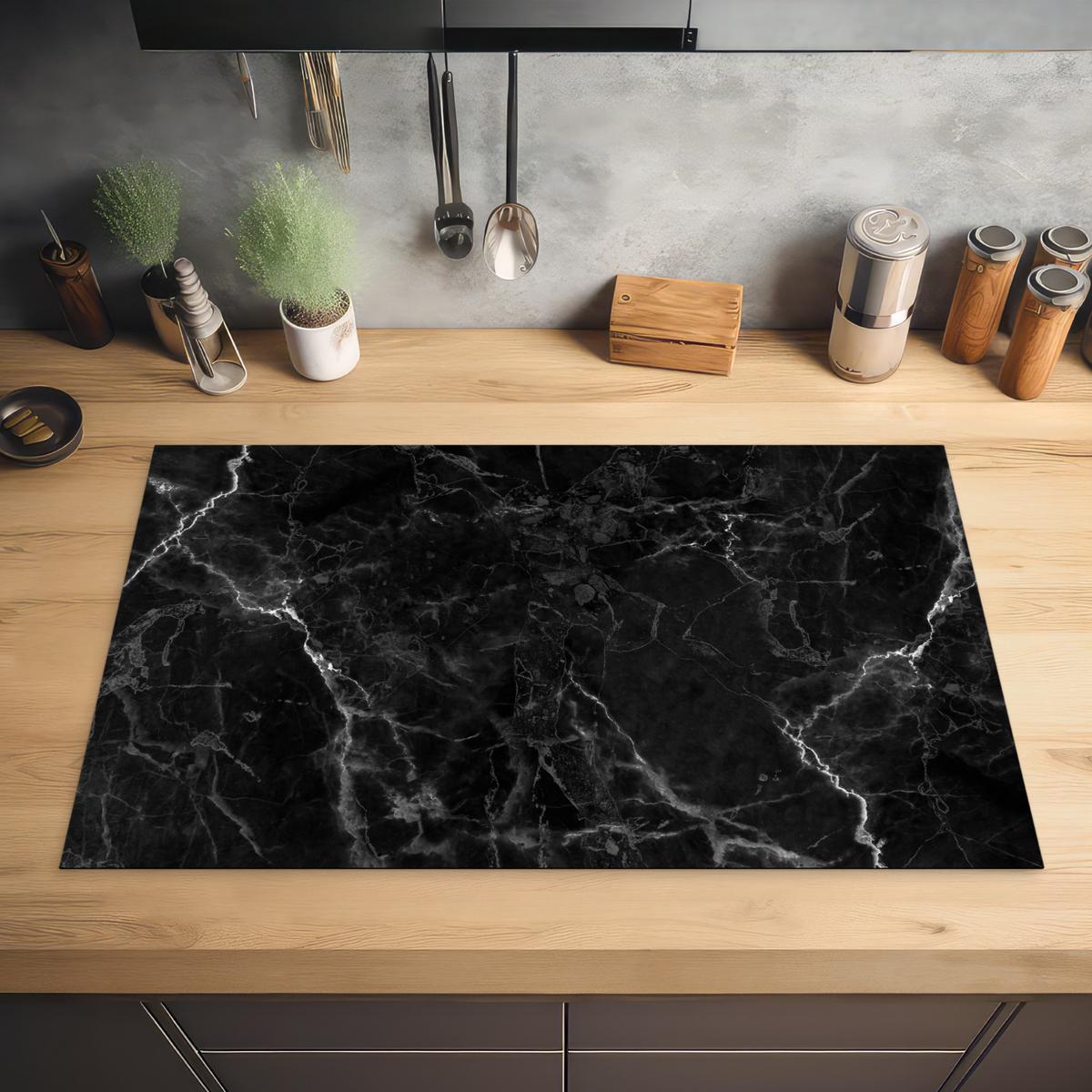 HERDABDECKPLATTE Marmor - Schwarz - Weiß - Textur - Marmoroptik Induktionsmatte 83x51 cm - Silberfarben, Kunststoff (83/51.5/0.2cm) - MuchoWow