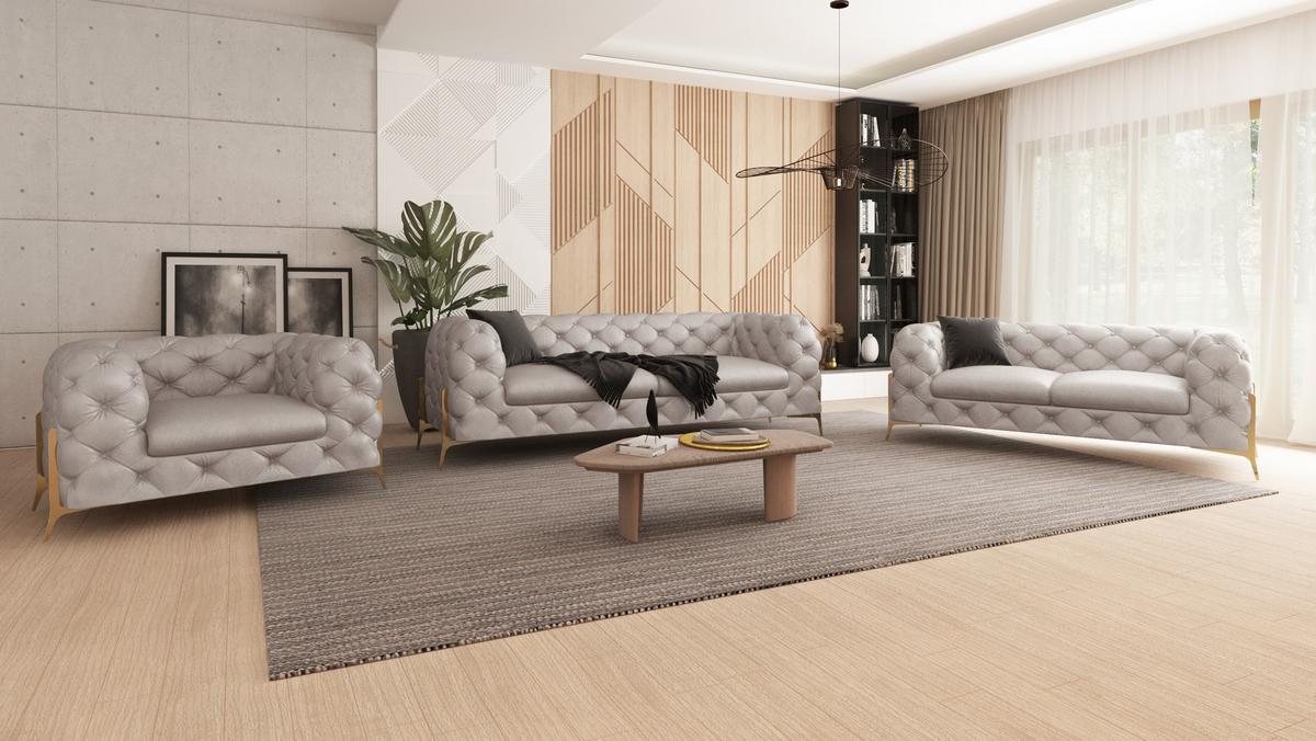 SITZGARNITUR 3+2+1 Chesterfield Vertex Grau Samt - Goldfarben/Grau, Holz/Textil (225/75/100cm) - S-Style Möbel