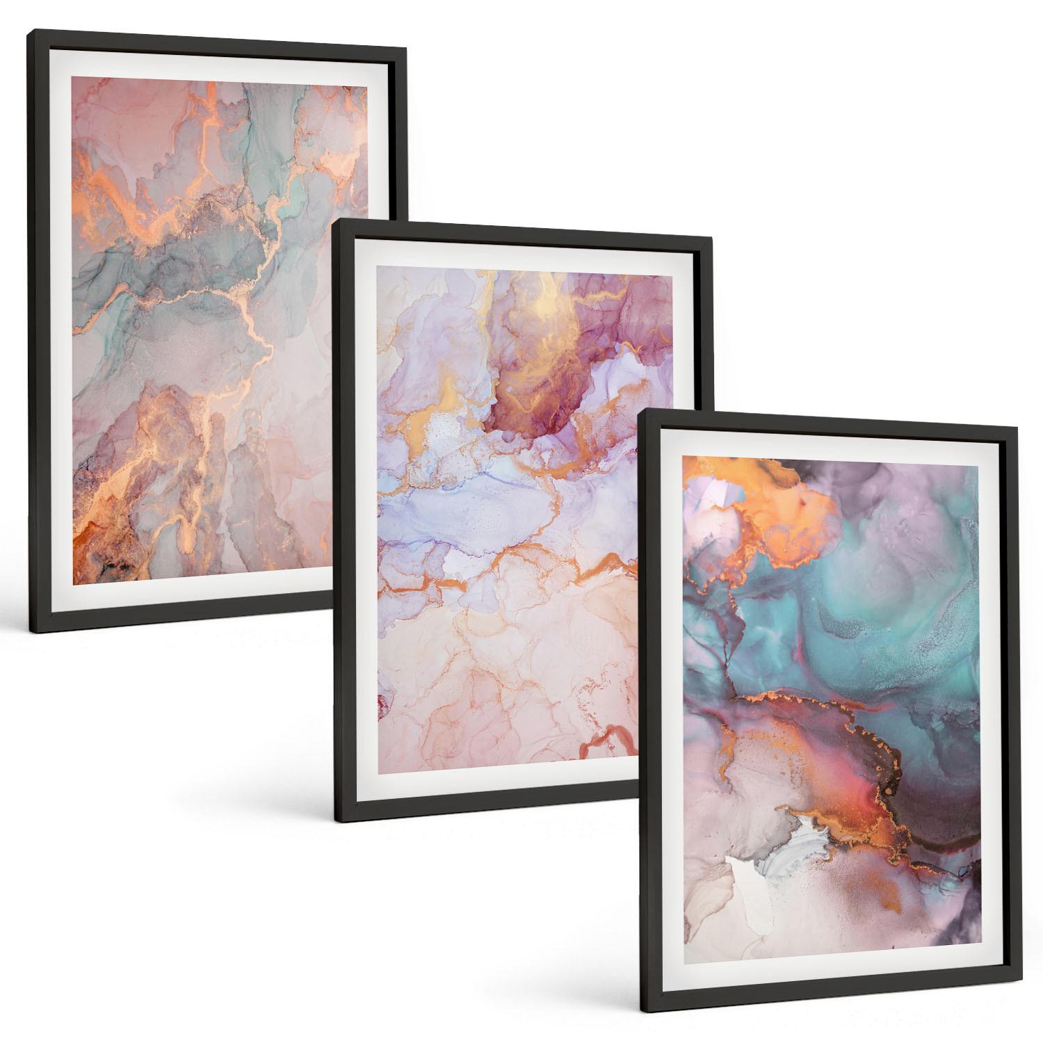 BILDER SET 3er Set - 40x60 cm Schwarzer Rahmen - Abstrakte Pastellmuster - Schwarz, Kunststoff (40/60cm) - TULUP