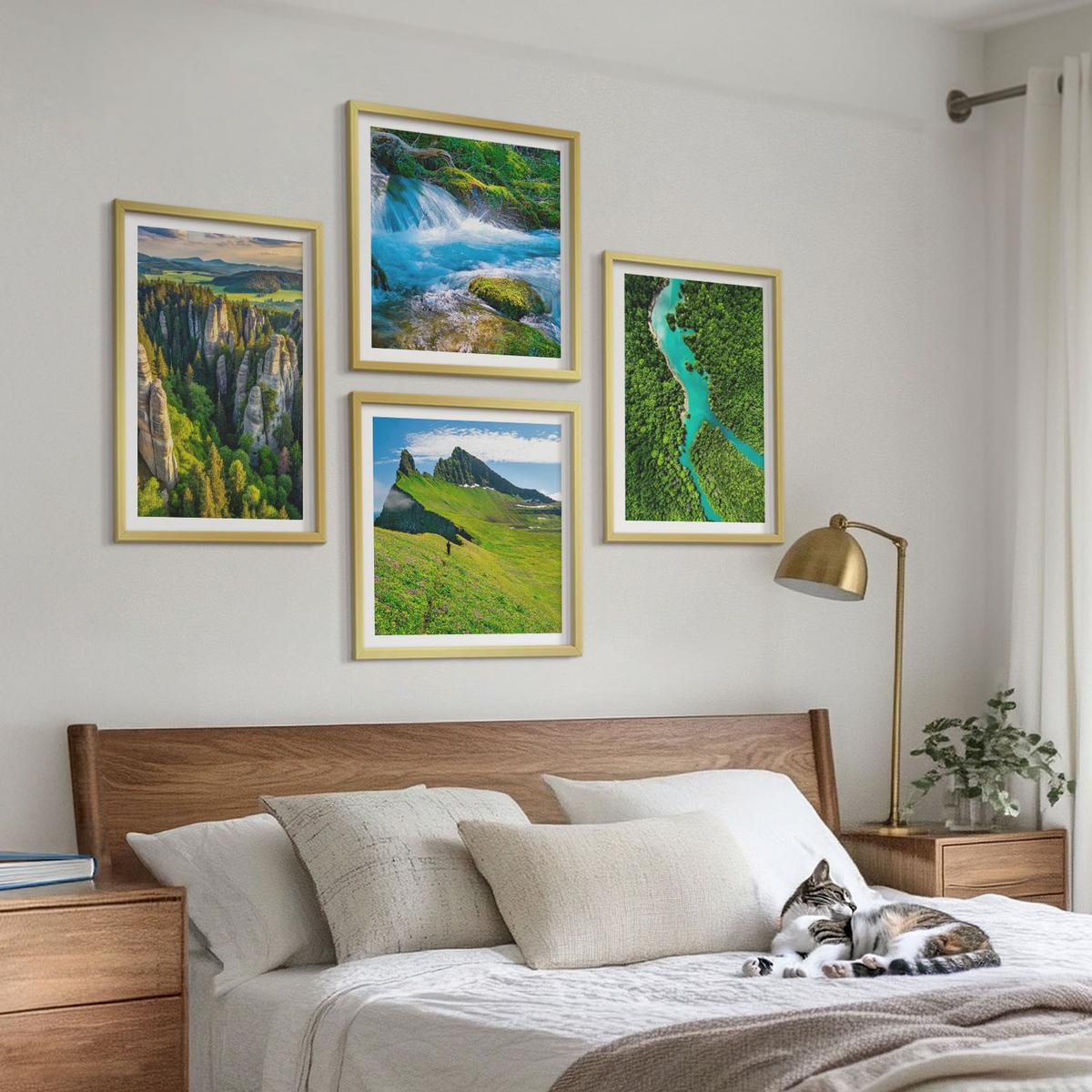 BILDER SET 4er Set - 50x50 cm & 40x60 cm Goldrahmen - Grüne Berge, Flussfelsen - Goldfarben, Kunststoff (50/50cm) - TULUP