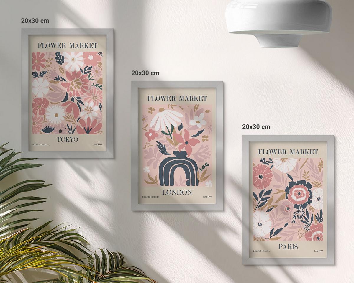 BILDER SET 3er Set - 20x30 cm Silberner Rahmen - Blumenmotive Tokio London Paris - Silberfarben, Kunststoff (20/30cm) - TULUP