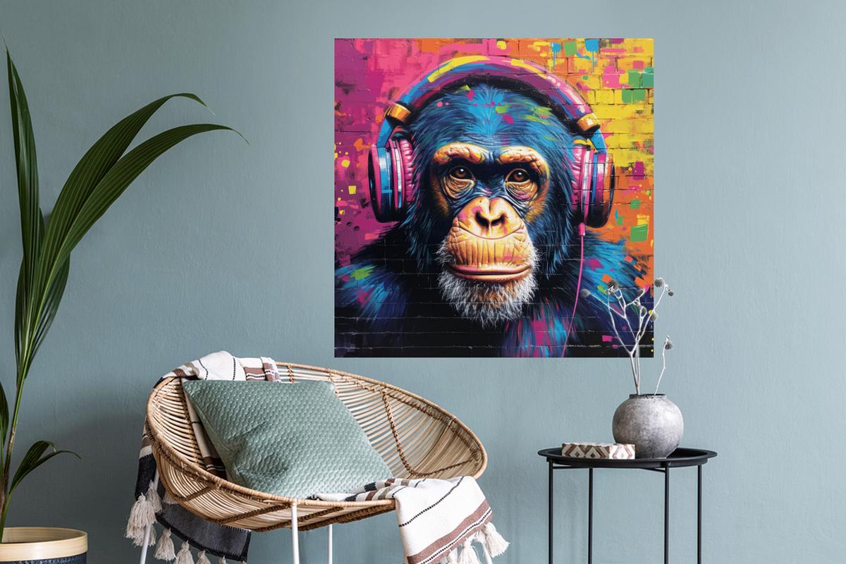 WANDTATTOO Graffiti - Schimpanse - Straßenkunst - Kopfhörer - Affe Wanddeko 50x50 cm - Blau, Kunststoff (50/50/0.1cm) - MuchoWow